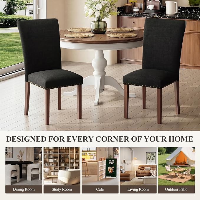 MALOL Dining Chairs Set of 2, High Back Dining Chair with Wood Legs and Nailhead Trim, Modern Padded Kitchen Room Chairs for Dining Room/Restaurant, Black
