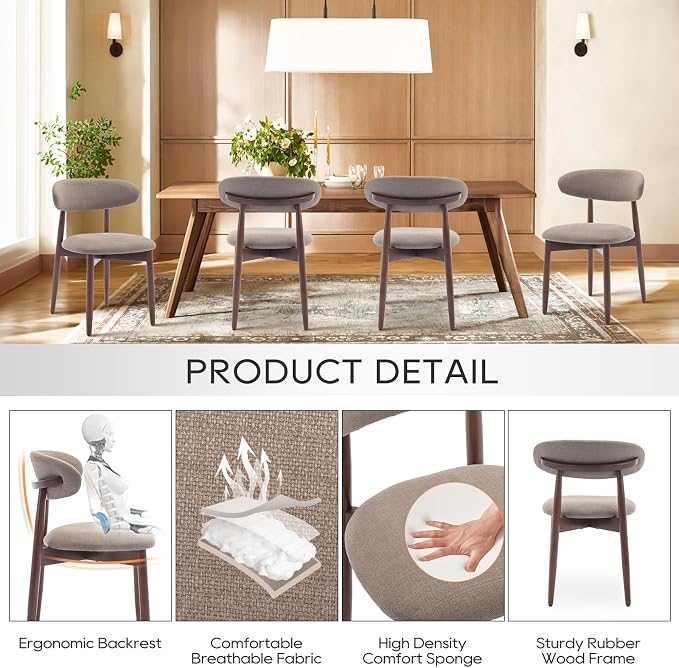 COLAMY Wooden Dining Chairs Set of 6, Modern Fabric Upholstered Kitchen Side Chairs, Farmhouse Dining Room Chair with Foot Pegs, Camel