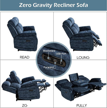 Zero Gravity Power Reclining Sofa with Adjustable Headrest, Electric Reclining Couch with Wireless Charge, USB Ports, Power Loveseat Recliner Sofa for Living Room (Blue-Sofa)