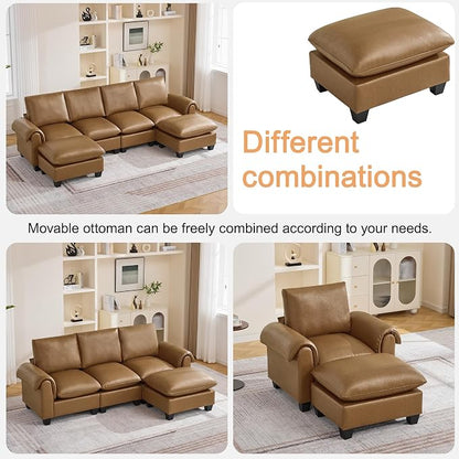 96" Faux Leather Modular Sectional Sofa with Movable Ottoman, Oversized 3 Seater Couch with Curved Armrests, Cloud Modern L-Shaped Sofa Deep Seat for Living Room, Light Brown