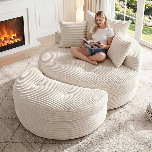 Oversized Round Chaise Lounge Chair, Deep Seat Cloud Boneless Floor Sofa Couch, Upholstered Corduroy Sleeper with 3 Pillows & Optional Ottoman, No Assembly Modern Lazy Floor Lounger for Living Room