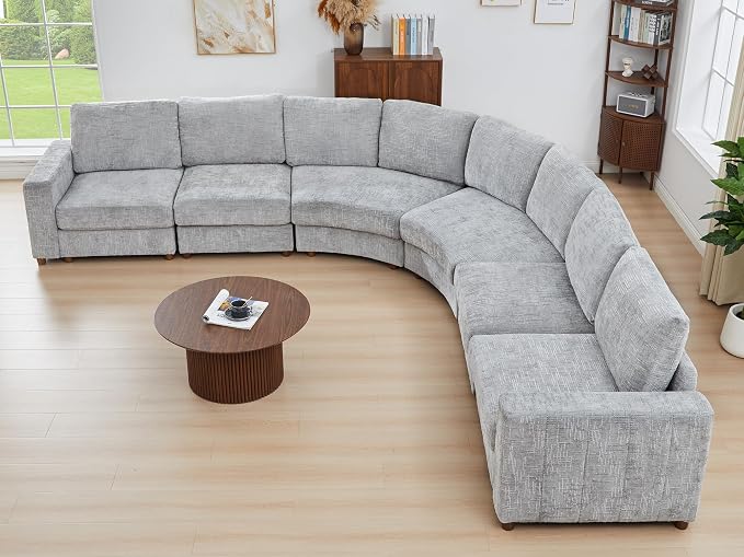 ORRD Oversized Curved Sectional Sofa, Convertible L Shaped Couch with Deep Seat, Boucle Modular Sectional Sofa with Pillows, Curved Chenille Comfy Corner 6 Seat Couch for Living Room, Grey