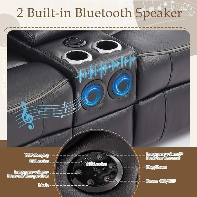 Power Reclining Loveseat with LED Reading Light/Storage Drawer, Power Loveseat Recliner Sofa, Reclining Loveseat with Bluetooth Speakers/Outlets/Breathing Leather (Brown, 2 Seat with Console)