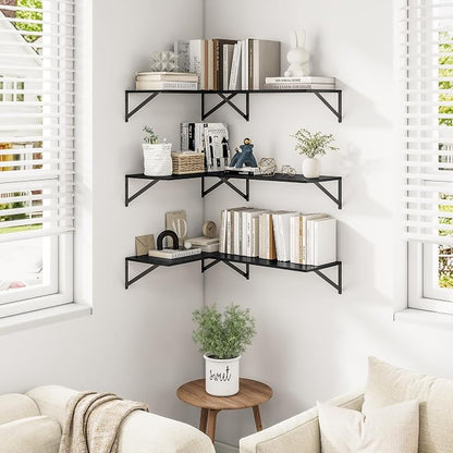 Heimlove Deep Floating Shelves for Wall, Wood Wall, Wide Floating Bookshelf for Living Room, Kitchen, Office, Bedroom and Decor Storage,Black with Metal Bracket, 24wx12dx5.8h, 3Shelves