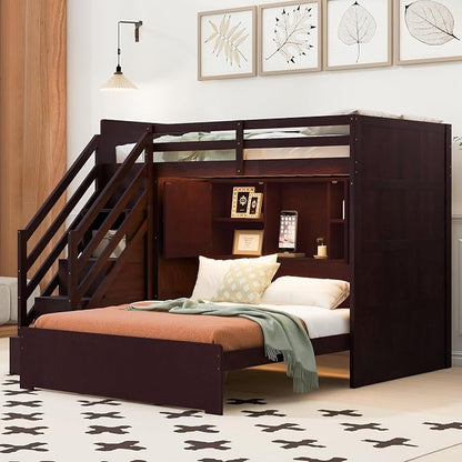 RUNNA Twin Over Full Bunk Bed with Storage Stairs, USB, Light Espresso | Twin over full bunk bed with storage stairs,USB charging station,light,solid wood,guardrails,no box spring needed Espresso