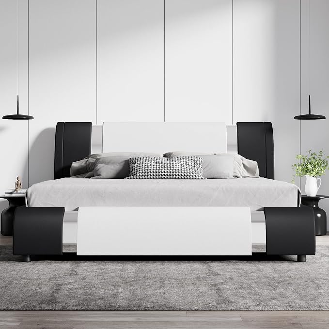 SHA CERLIN Modern Faux Leather King Bed Frame with Adjustable Headboard and Iron Accents, Deluxe Upholstered Platform Bed with Solid Wooden Slats Support - White + Black