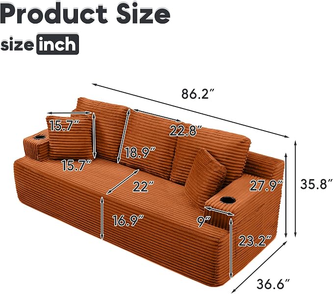 86.2'' Boneless Sofa Couch with Cup Holders & Side Pockets, Modern Corduroy Fabric Upholstered 3-seat Couch with 2 Throw Pillows for Living Room, Office, No Assembly (Orange)