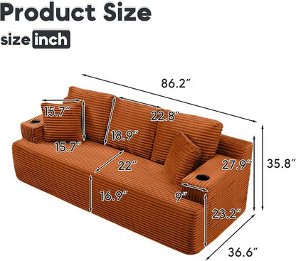 86.2'' Boneless Sofa Couch with Cup Holders & Side Pockets, Modern Corduroy Fabric Upholstered 3-seat Couch with 2 Throw Pillows for Living Room, Office, No Assembly (Orange)