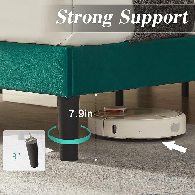 VECELO Full Size Bed Frame with Upholstered Headboard, Heavy-Duty Bedframe with Wooden Slats & Steel Framework, Easy Assembly, Dark Green