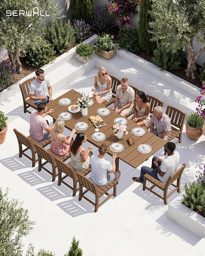 SERWALL Outdoor Patio Dining Set for 6, Brown | 60" - 83" Expandable Outdoor Dining Table and 6 HDPE Chairs, All Weather Material Outdoor Furniture Set Backyard, Garden