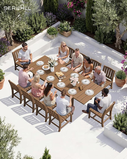 SERWALL Outdoor Patio Dining Set for 6, Brown | 60" - 83" Expandable Outdoor Dining Table and 6 HDPE Chairs, All Weather Material Outdoor Furniture Set Backyard, Garden