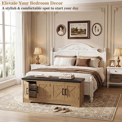 Farmhouse Shoe Storage Bench with Cushion - 43.3" Entryway Bench with Storage & 4 Barn Doors, 2-Tier Wooden Shoe Rack Bench, Shoe Cabinet & Mudroom Bench for Bedroom Hallway Living Room, Brown Oak