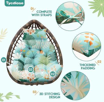 Outdoor Hanging Egg Chair Cushion Replacement, Extra Large Waterproof Egg Swing Cushions with Headrest Pillow and Ties, U-Shaped Thickened Cushion for Hanging Eggs Chair (Cyan Floral Leaf)