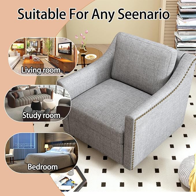 Swivel Accent Chair，Armchair，Bronze Nail Decoration Comfy Living Room Chair,Single Sofa Chair，Reading Chairs,for Living Room Bedroom Reading Apartment (Gray, 1 Gray)