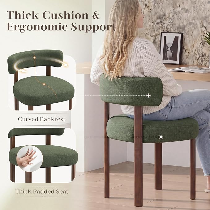Wooden Dining Chairs Set of 6, Upholstered Kitchen Chairs with Solid Wood Legs, Mid Century Dining Room Chair with Ergonomic Curved Backrest for Kitchen Dining Vanity, Green