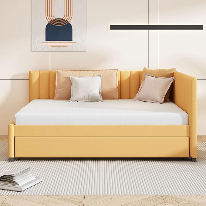 Merax Full Size Upholstered Daybed with Trundle, Yellow Linen Sofa Bed Frame for Bedroom Guest Room, No Box Spring Needed
