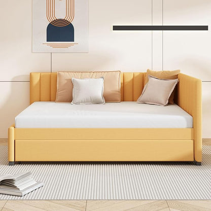 Merax Full Size Upholstered Daybed with Trundle, Yellow Linen Sofa Bed Frame for Bedroom Guest Room, No Box Spring Needed