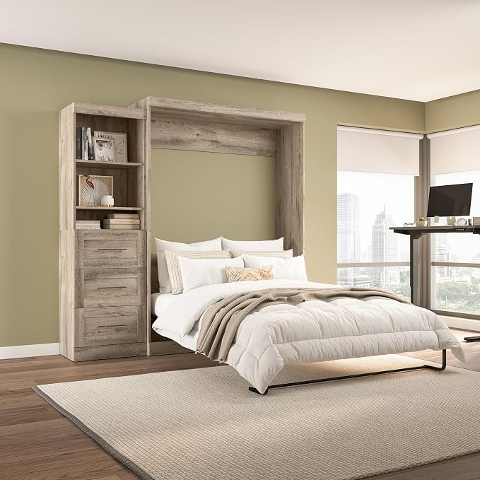 Bestar Pur Queen Murphy Bed with Shelving Unit, 90-inch Space-Saving Sleeping Arrangement for Multipurpose Room in Rustic Brown