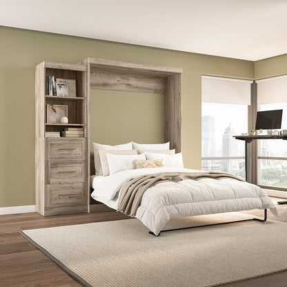 Bestar Pur Queen Murphy Bed with Shelving Unit, 90-inch Space-Saving Sleeping Arrangement for Multipurpose Room in Rustic Brown