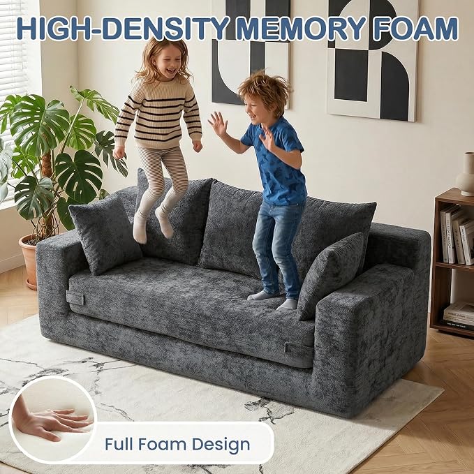 Boneless Couches 70", 3 Seater Boneless Couch with Pull Out Sofa Bed, Gray Boneless Couch with 5 Pillows, Plush Velvet Sofa for Living Room & Bedroom