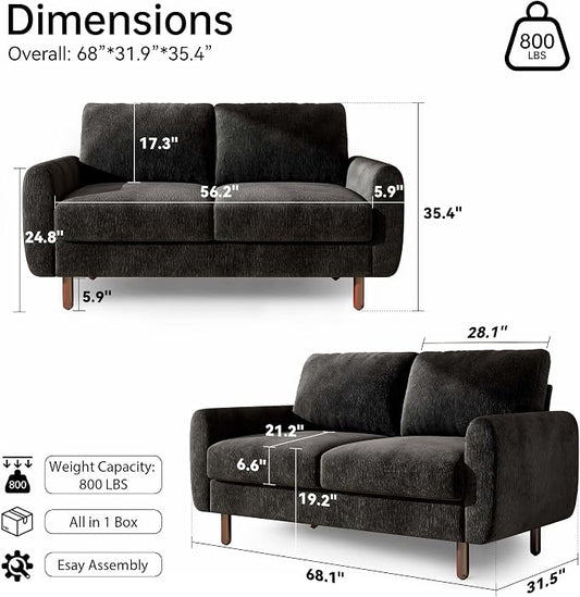 Ihanherry 68" Loveseat Sofa, Modern 2-Seat Couch, Mid Century Sofa, Comfy Chenille Deep Seat Couch for Living Room, Bedroom, Office, Apartment, Black