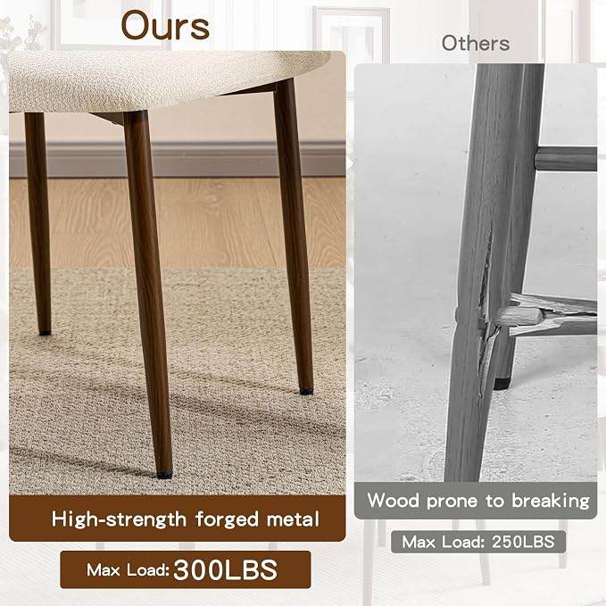 Furniliving Mid Century Modern Dining Chairs Set of 6, 300 lbs Capacity Upholstered Chenille Kitchen Chairs with Walnut Grain Metal Legs and Ergonomic Curved Back, Beige(Walnut/Chenille)