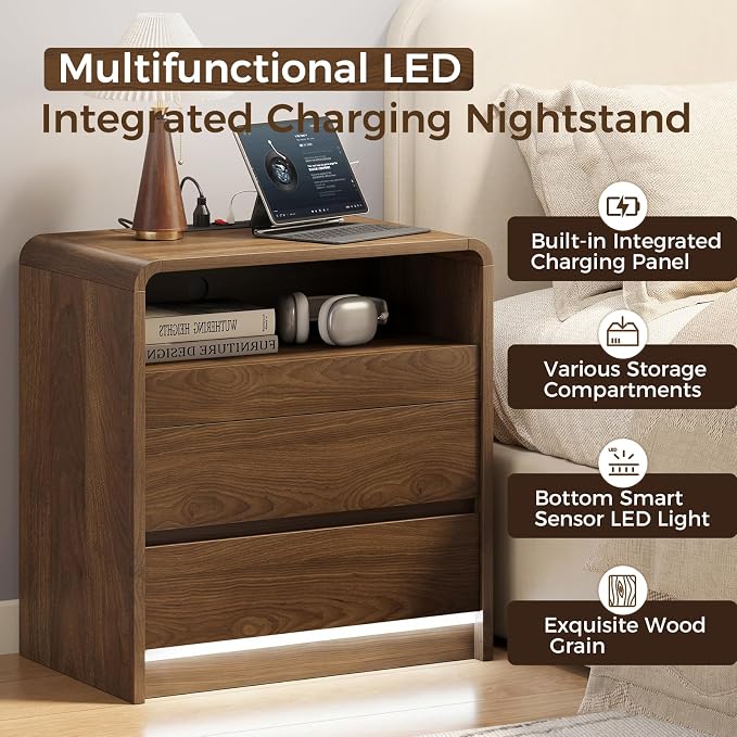Messenya Mid Century Modern Nightstand Set of 2 with Organizer for Bedroom | Top Soft Close Drawer of 23.6'' Bedside Table with 6 Compartments, Motion Sensor LED Light, Charging Station, Walnut Finish