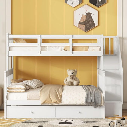 MERITLINE Twin Over Full Bunk Bed with Trundle, Storage Staircase,Solid Wood Bunk Bed with Stairs Box and Guardrail, No Spring Box Needed (White &Trundle,Twin Over Full)