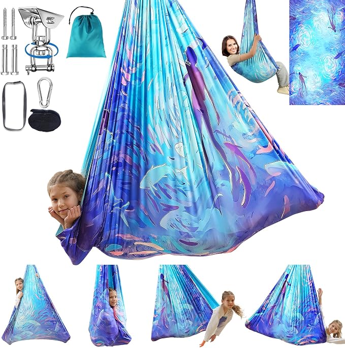 Sensory Swing for Kids Indoor & Outdoor Double Layer Therapy Cuddle Hammock Chair with 360 Swivel Hanger Kit Adjustable Swing for Child and Adult with Aspergers Autism ADHD (Cerulean)