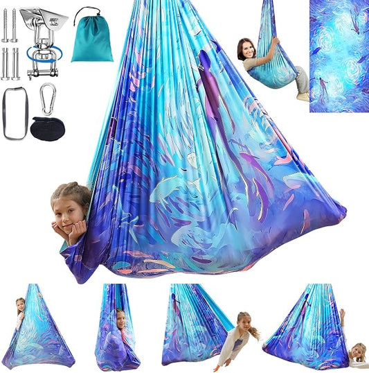Sensory Swing for Kids Indoor & Outdoor Double Layer Therapy Cuddle Hammock Chair with 360 Swivel Hanger Kit Adjustable Swing for Child and Adult with Aspergers Autism ADHD (Cerulean)