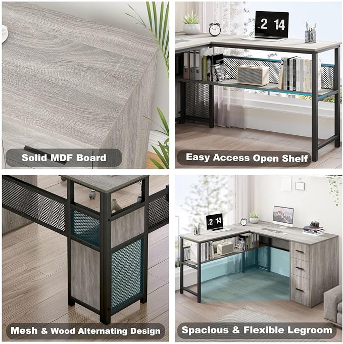 LVB Reversible L Shaped Desk with Drawers, Grey Computer Desk with Storage | 59" Adjustable Modern Executive Office Desks, Adjustable Corner Design for Gaming Spaces and Home Workstations