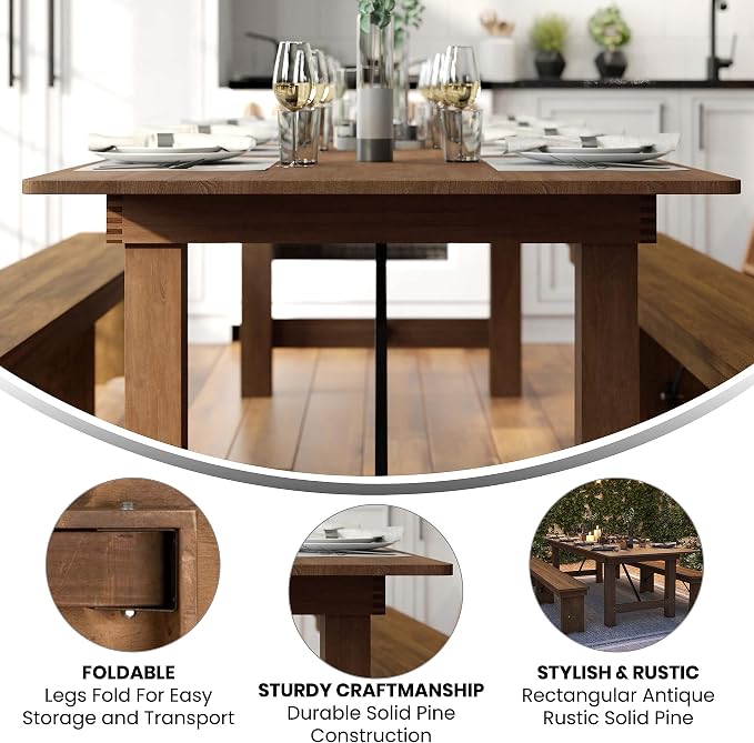 Flash Furniture Hercules Series 9' x 40" Rustic Solid Pine Folding Dining Table, Rectangular Antique Farmhouse Dining and Event Extension Table