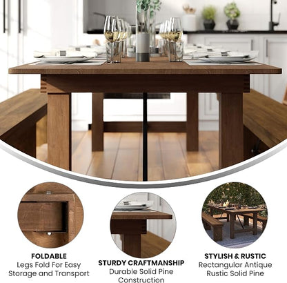 Flash Furniture Hercules Series 9' x 40" Rustic Solid Pine Folding Dining Table, Rectangular Antique Farmhouse Dining and Event Extension Table