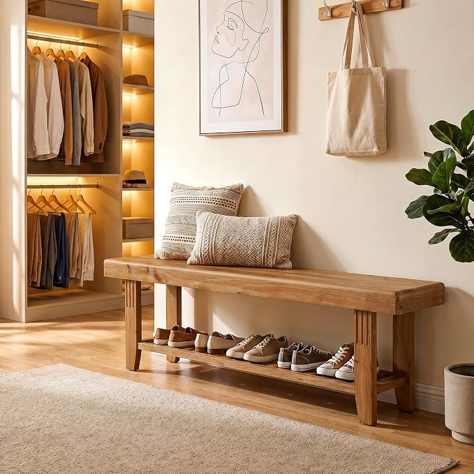 LITTLE TREE 63" Solid Wood Entryway Bench, Rustic Wooden Shoe Bench with Slatted Storage Shelf, Heavy Duty Indoor Bench for Hallway, Bedroom, Living Room, Dining Room