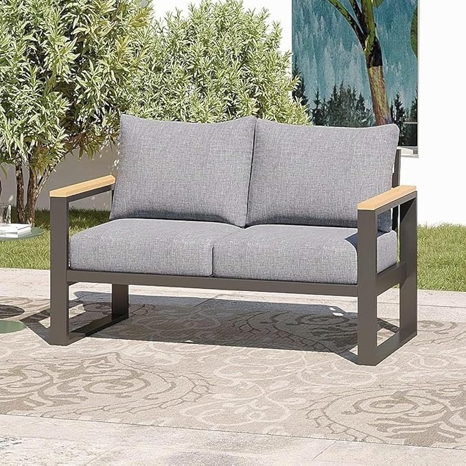 Sundale Outdoor Aluminum Patio Loveseat, All-Weather Outdoor Furniture with 6" Olefin Cushion & Wide Armrest, Outdoor Couch for Garden Deck Porch(Grey) | Heavy Duty