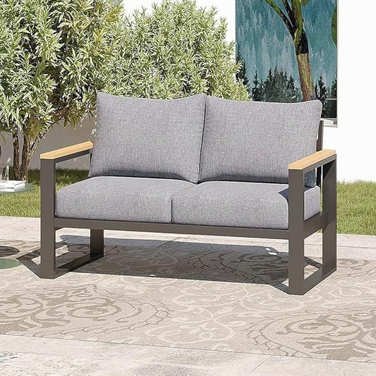 Sundale Outdoor Aluminum Patio Loveseat, All-Weather Outdoor Furniture with 6" Olefin Cushion & Wide Armrest, Outdoor Couch for Garden Deck Porch(Grey) | Heavy Duty