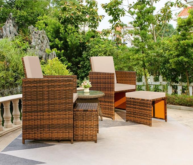 Devoko 4 Pieces Patio Wicker Furniture Set Outdoor Patio Chairs with Ottomans All Weather Cushioned Chairs Balcony Porch Furniture (Beige)