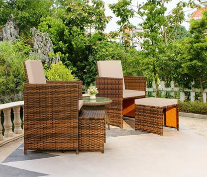 Devoko 4 Pieces Patio Wicker Furniture Set Outdoor Patio Chairs with Ottomans All Weather Cushioned Chairs Balcony Porch Furniture (Beige)