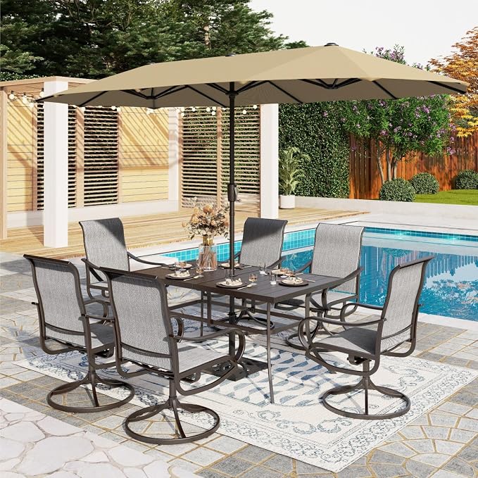 PHI VILLA 8 Piece Patio Dining Set with 13ft Patio Umbrella (Beige), 6 Outdoor Swivel Dining Chairs & 1 Large Metal Dining Table for Deck Lawn Garden (No Umbrella Base)