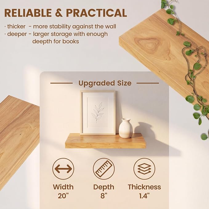 Venusmiles Elm Floating Shelves for Wall Decor, Rustic Solid Wood Shevles Wall Mounted with Invisible Bracket for Living Room Bathroom Bedroom Kitchen, 20 Inch Set of 2, Natural