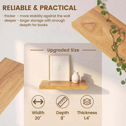 Venusmiles Elm Floating Shelves for Wall Decor, Rustic Solid Wood Shevles Wall Mounted with Invisible Bracket for Living Room Bathroom Bedroom Kitchen, 20 Inch Set of 2, Natural
