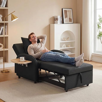 3-in-1 Convertible Sleeper Bed, Pull Out Single Sofa Bed with Adjustable Backrest, Foldable Recliner Sofa with Side Table & USB Port, Sleeper Chair for Living Room, Home Office, Black