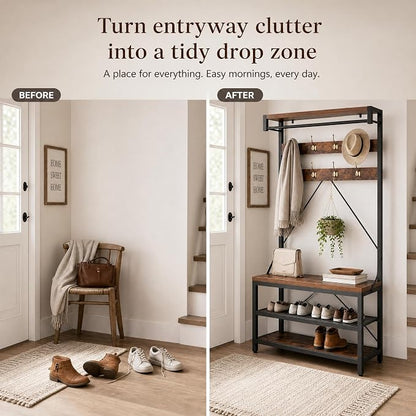 Hall Tree with Bench and Shoe Storage, Entryway Bench with Coat Rack, 3-in-1 Mudroom Organizer with 8 Hooks, Freestanding Industrial Storage Rack for Hallway, Rustic Brown