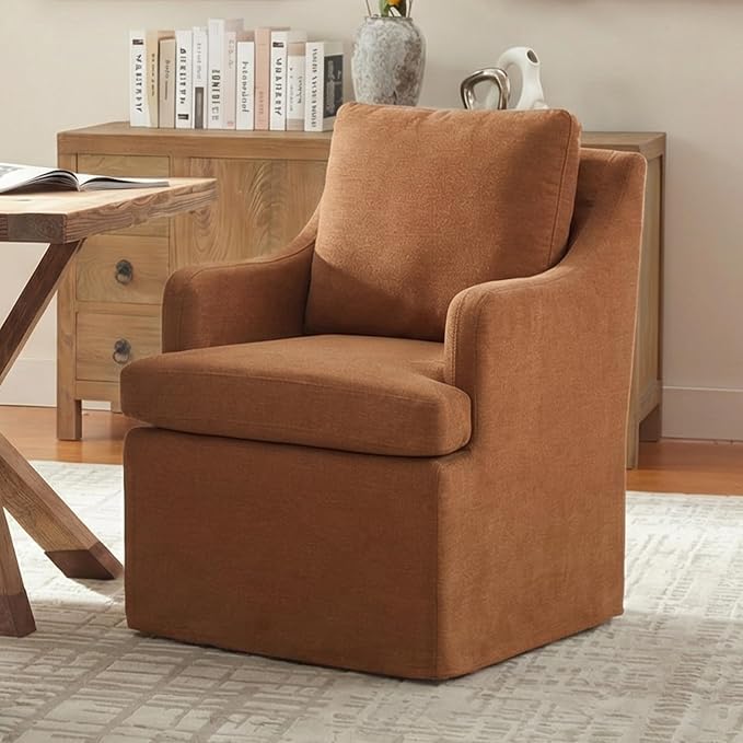 VKNOW Upholstered Dining Chairs Set of 2, Modern Kitchen Chairs Dinner Chairs with 4 Casters, Chenille Armchair for Bedroom Reading Room Living Room, Orange