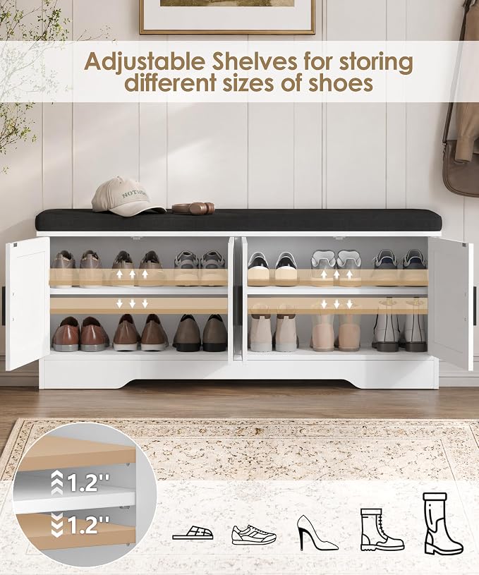 Akxomel Shoe Bench with Storage, 47.2" Entryway Bench with Padded Cushion, 2-Tier Shoe Cabinet Bench with Adjustable Shelves and 4 Cross Molding Doors, for Hallway, Living Room, Bedroom, White