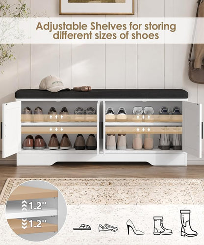 Akxomel Shoe Bench with Storage, 47.2" Entryway Bench with Padded Cushion, 2-Tier Shoe Cabinet Bench with Adjustable Shelves and 4 Cross Molding Doors, for Hallway, Living Room, Bedroom, White