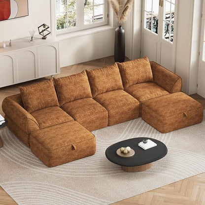 132" Modular Sectional Sofa with Deep Seat, U-Shaped Cloud Couch for Living Room, 4-Seater Boneless Sofa with 2 Ottomans, Flexible Combination Modern Upholstery Sofa, No Assembly Required, Orange
