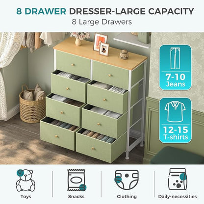 OLIXIS 8 Drawer Storage Dresser with Wood Top - Wide Fabric Chest Organizer for Bedroom, Closet, Living Room,Tower Cabinet, TV Stand, Hallway Entryway Furniture, Light Green