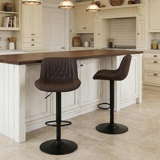 YOUTASTE Bar Stools Set of 2, Adjustable Swivel Counter Height Barstools with Back, Brown Faux Leather Upholstered Bar Chairs with Metal Base, Stools for Kitchen Island or Home Bar