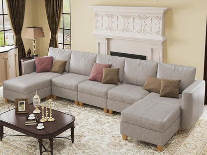 EASE MOOSE Faux Leather Sectional, Modular Sectional Sofa with Storage, Leather Couch U Shaped Couches for Living Room, Whitesand